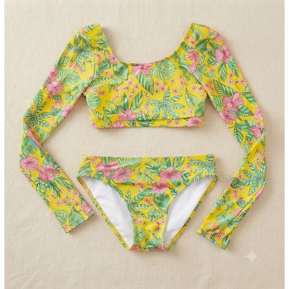 Girls Long Sleeve Rash Guard Swimsuit Set Yellow Floral Two Piece Size L 10/12